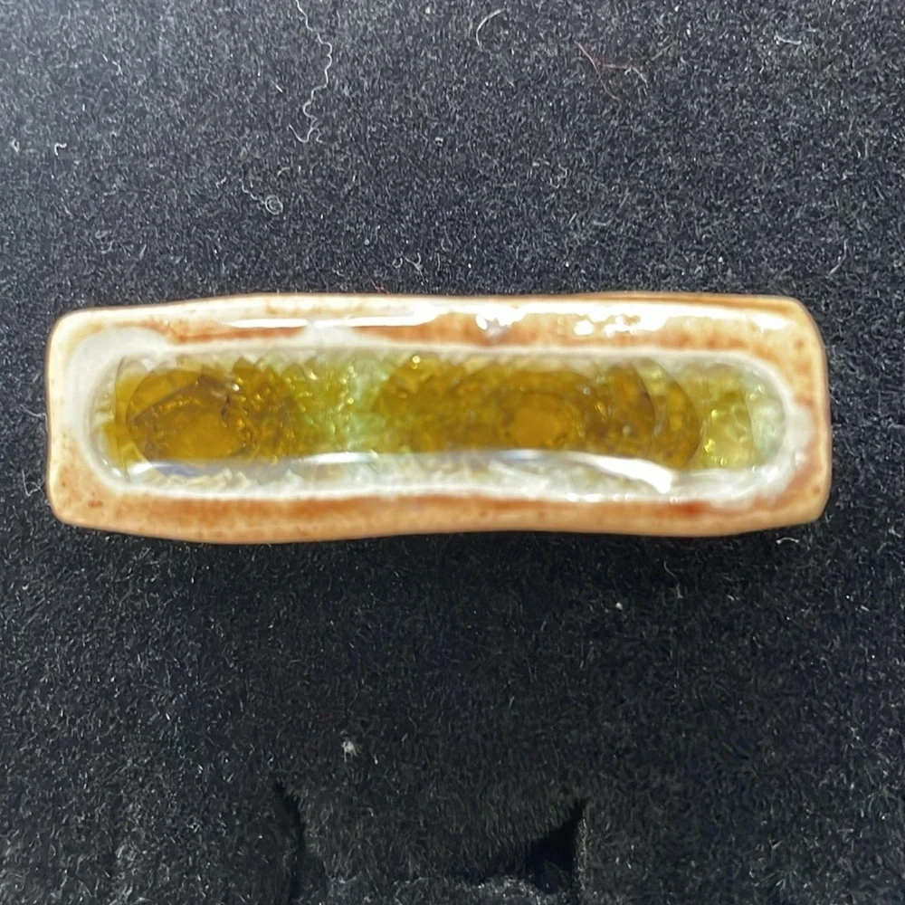 Ceramic glass ring. Statement ring. art to wear. Bar green brown adjustable band